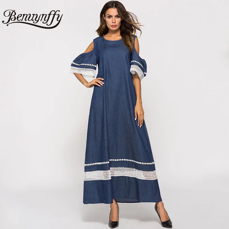 

Benuynffy Cold Shoulder Lace Trim Solid Denim Long Dress Summer Women Round Neck Short Sleeve Casual A Line Maxi Dress Female
