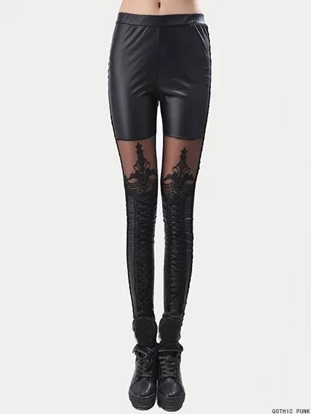 

Gothic Summer Chic Punk Sexy Club Black Women Leggings PU Goth Pencil Pants Thin Pleated Lace Mesh Female OL Ladies Leggins
