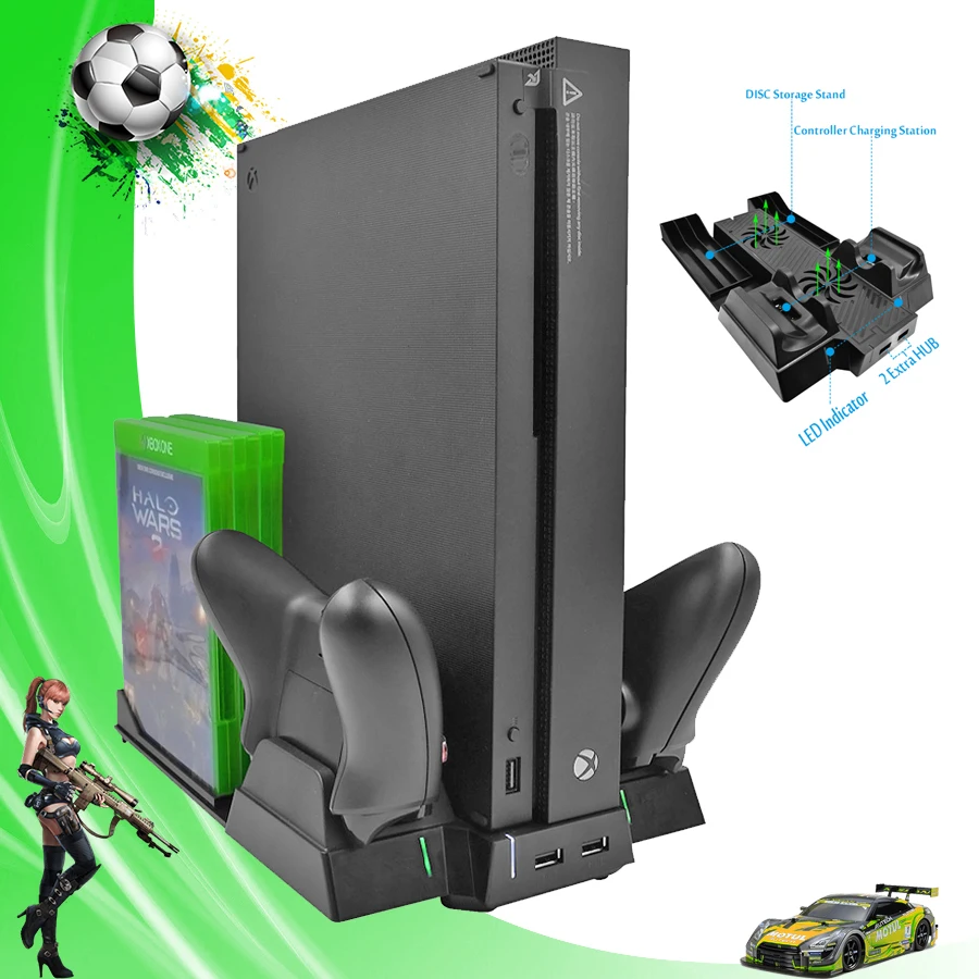 

Vertical Stand Controller Charger Charging Dock Station Cooler Cooling Fan for Xbox One X Game Discs Storage Rack for Xboxone X