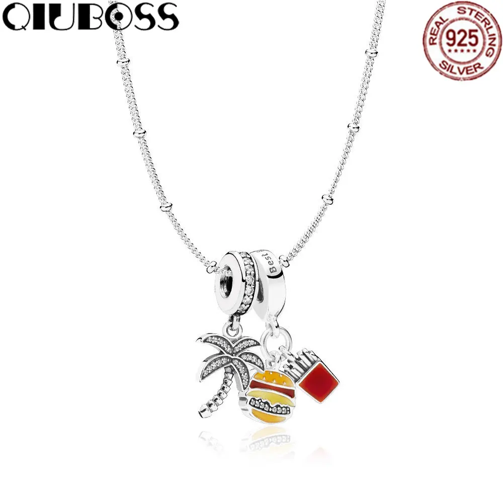 

QIUBOSS 925 Sterling Silver Party in Paradise Necklace Set Fit DIY Original Jewelry Summer Creative Woman Gift RAU0460