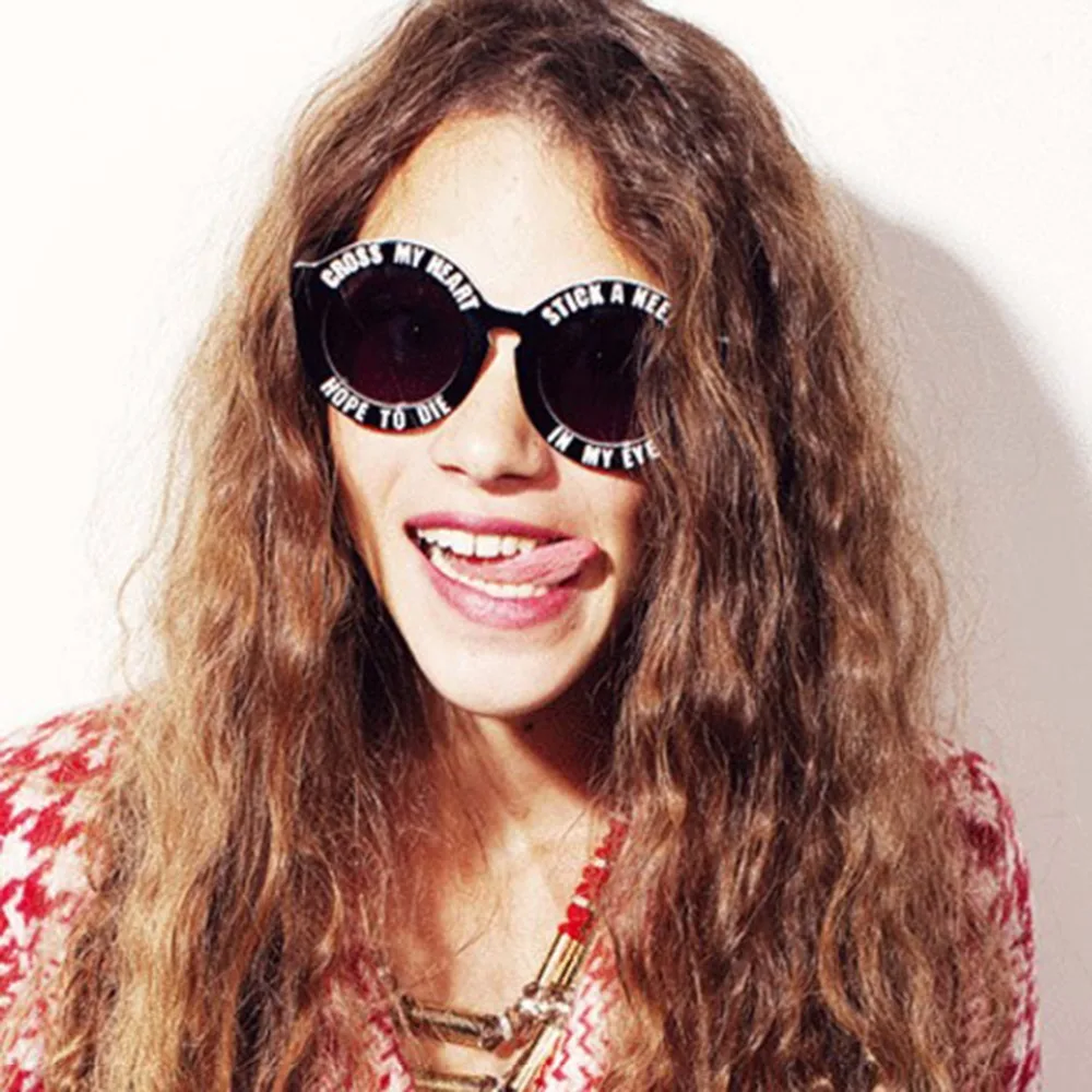 

2019 Vintage Oversized Sunglasses Women Round Frame Mirror Sunglass Cute Letters Cross My Heart Sun Glasses Retro Female Shades