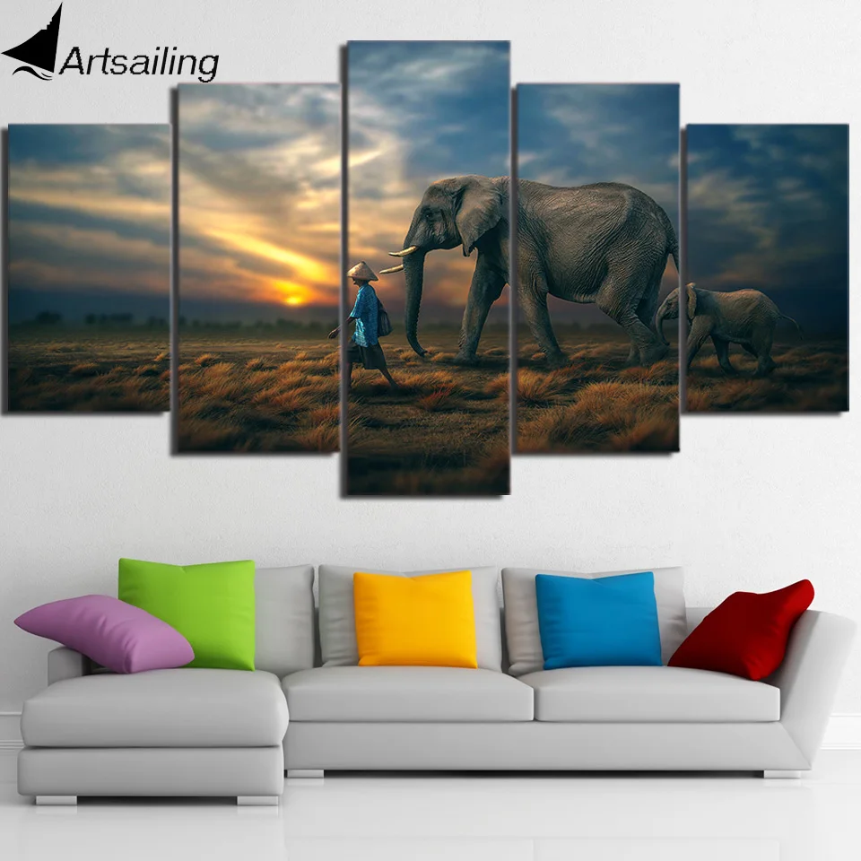 5 Piece Canvas  Art Elephants Sunset HD Printed Wall  Art 