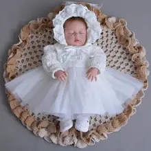 Комплект из 3 предметов, платье для крещения для маленьких девочек белое платье на крестины для маленьких девочек, кружевная Серебряная корона, повязка на голову, шапка с вышивкой для детей от 0 до 24 месяцев