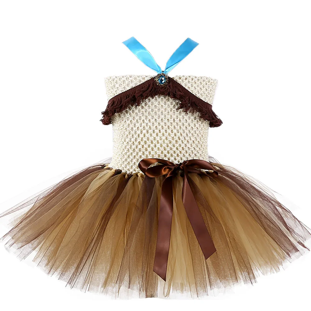 Princess Pocahontas Girl Tassel Tutu Party Dress for Baby Girl Costume Halloween Xmas Birthday Ball Gown Kids Knee Length Dress