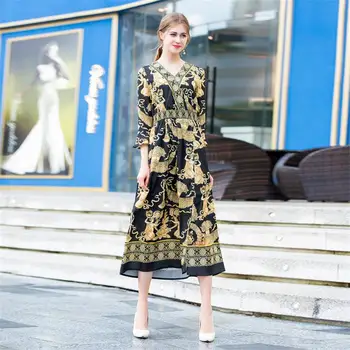 

Women Dresses 2018 High Quality Autumn Runway V-Neck Flare Sleeves Printed Elegant Lady Dress NPD0855