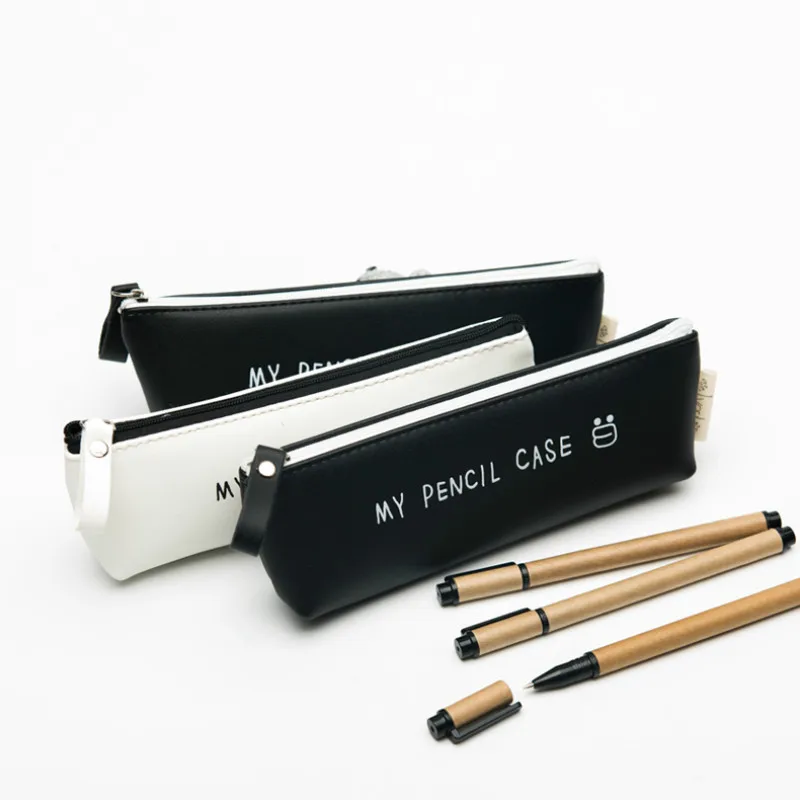 

New arrival Pure color Triangle My Pencil Case Classical Black And White Color Waterproof PU Leather Storage Cosmetic PencilBags