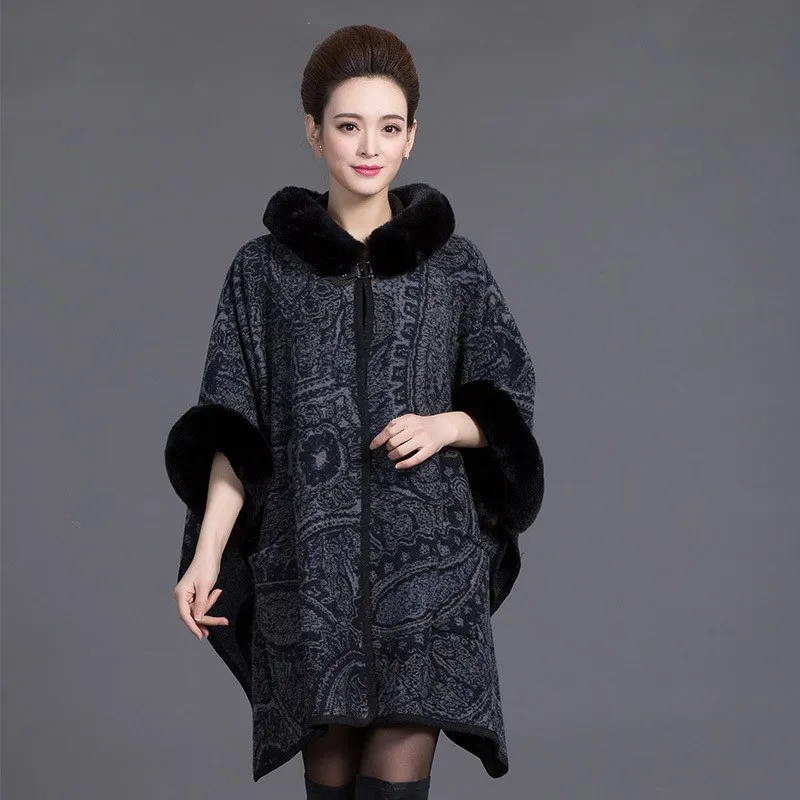 

Winter Women Fur Collar Cashmere Sweater Poncho Knitting Wool Cloak Batwing Sleeve Loose Thick Knitted Cardigan Capes
