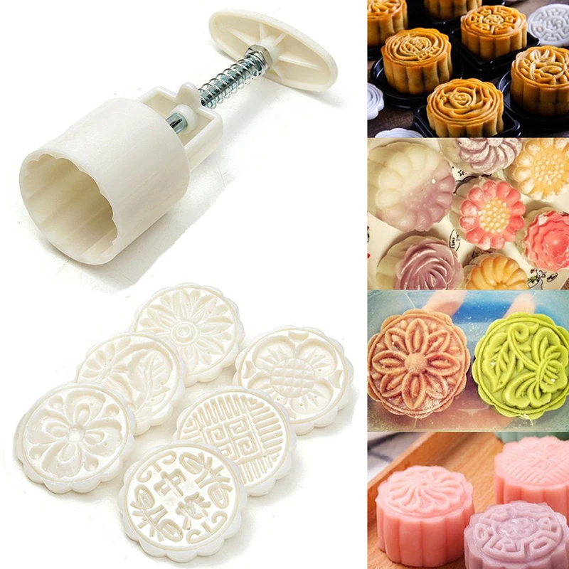 JX-LCLYL New 50g Round Flower Mooncake Mould 6 Stamps Moon Cake Decor Baking Tool