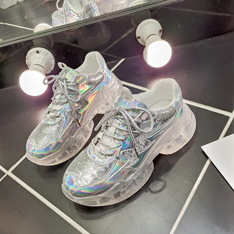 

GOODRSSON Laser Transparent Sulfide Soles Lace Up Sequins Decoration Increased High Women Shoes Outdoor Casual Footwear 2019
