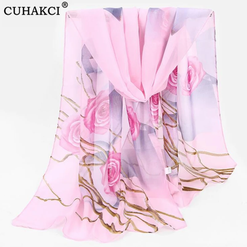 

CUHAKCI Summer Sunscreen Shawls And Hijabs Chiffon Silk Scarfs Beach Floral Print Shawl Women Top Spring Square Scarves 37Colors