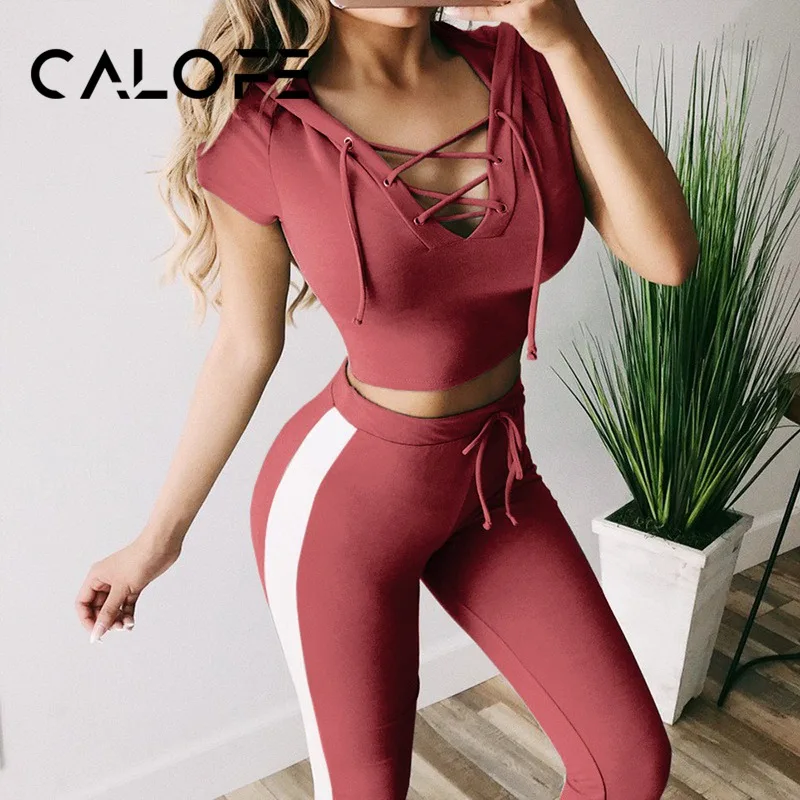 

CALOFE Women's Yoga Sets Running Exercise Sports Set Women Slim Yoga Sets Gym Running Tights Women Sports Leggings Fitness Yoga