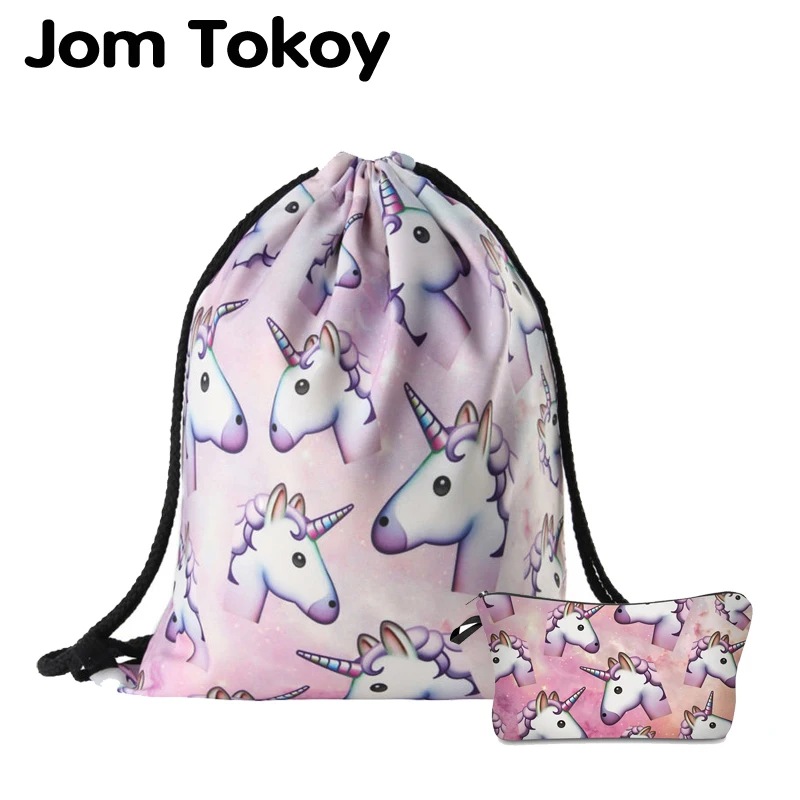 

Jom Tokoy 2019 New fashion 2 PCS 3D Printing Women backpack unicorn Drawstring bag Set Combination