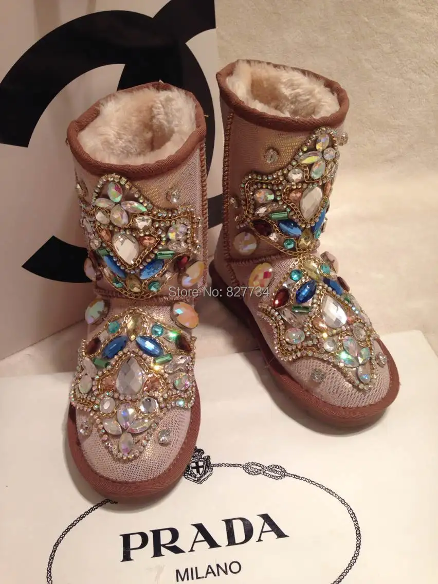 

2016 free shipping high quality cow leather rubber outsole hand sewing totem waterproof gold snow boots