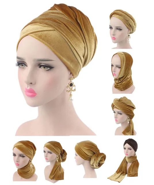 NEW Luxury pleated velvet magic Turban hijab Head Wrap Extra Long tube