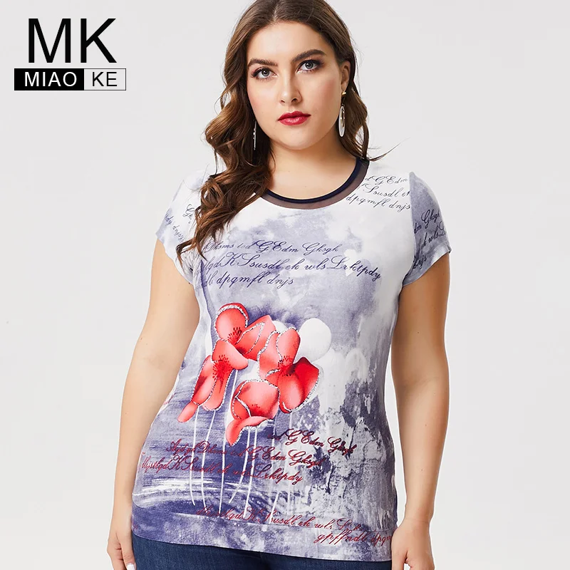 

MK 2019 Summer womens Print floral t shirts fashion ladies Plus Size Vintage elegant streetwear female mom tops