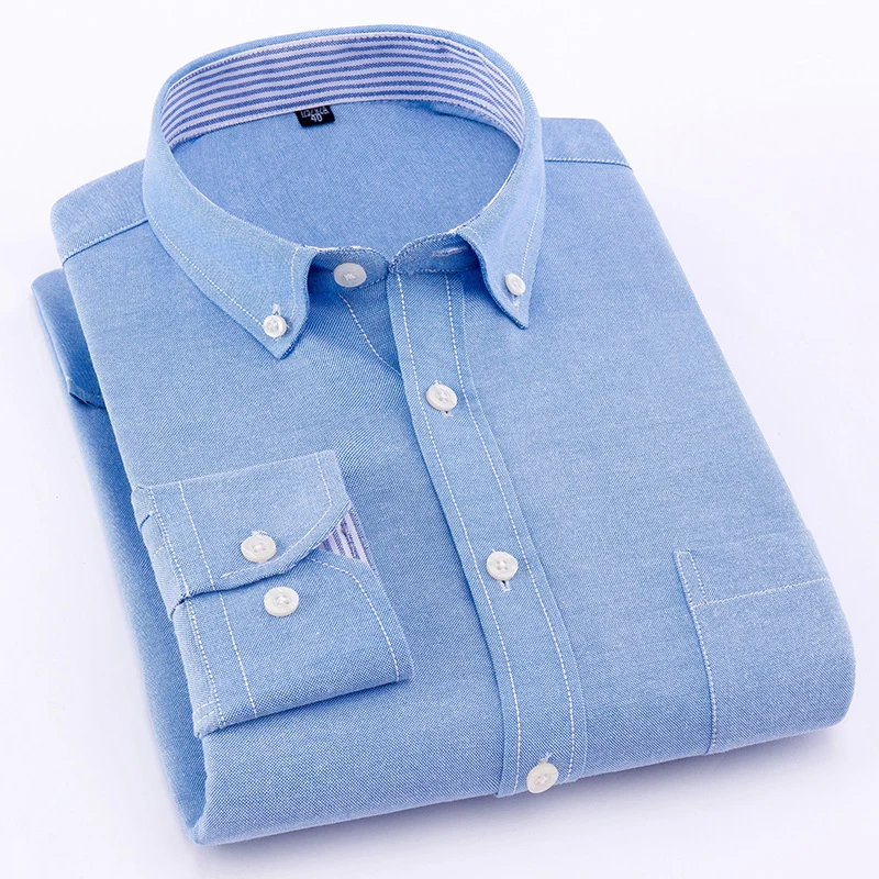 Blue Striped Oxford Button down Men Dress Shirts Long Sleeve Patchwork