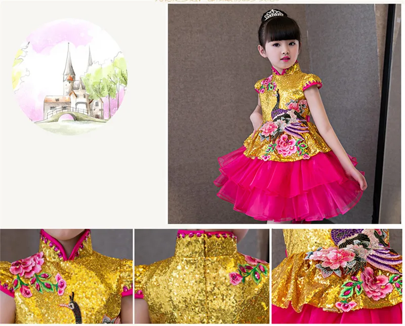 2018New современная мода для маленьких девочек в китайском стиле с вышивкой платье принцессы Свадебное Ципао с новогодней елкой, бумажный детское платье