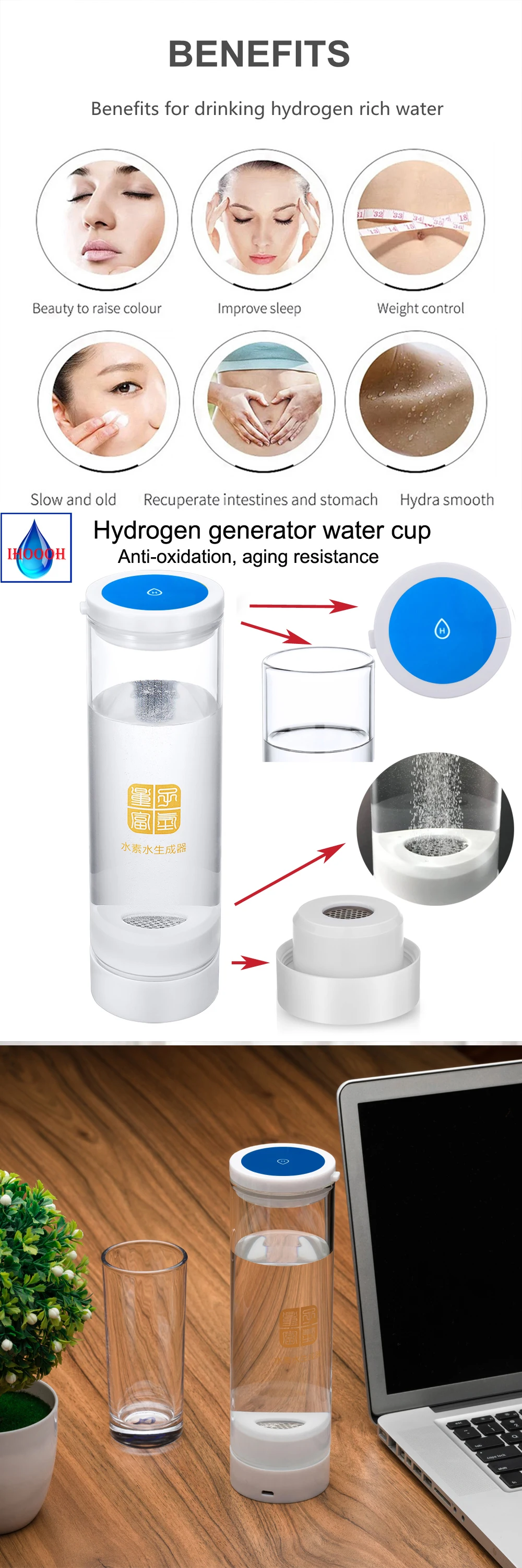 IHOOOH Anti-Aging Hydrogen Rich water generator Non-threaded cup mouth leak proof water ionizer Hydrogen and oxygen separation