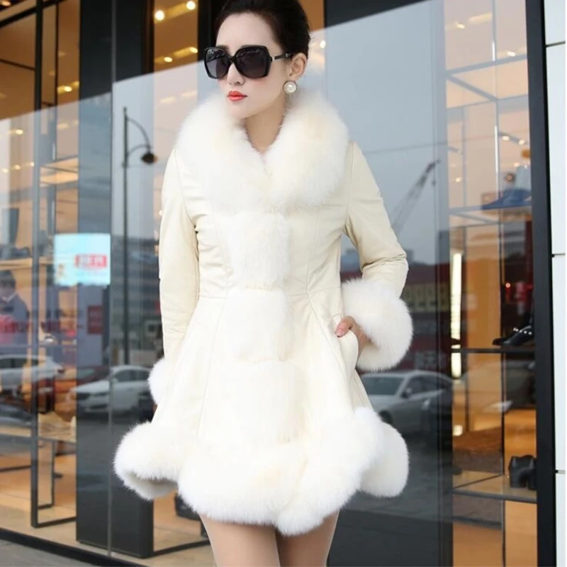 Latest Winter Female Sheepskin Coats High Quality Faux Fur Pure Color Fox Collars Snap Fastener Furs Big Yards Slim PC001