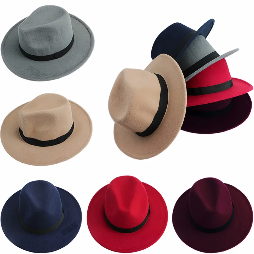 

Men Women Jazz Bowknot Hard Felt Fedora Bowler Panama Wide Hat Brim Gangster Cap