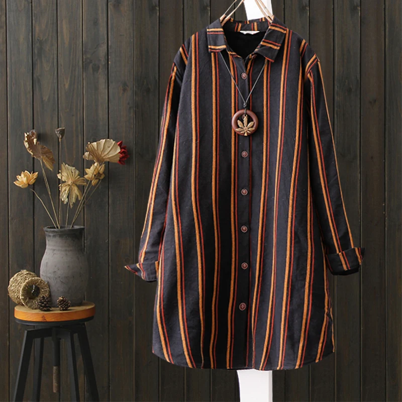 Casual Contrast Color Vertical Striped Shirt Ladies Long Tops 2018 Turn Down Collar Fall Winter Warm Velvet Cardigan Coat Retro |