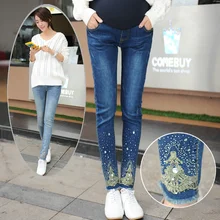 Fashion Rhinestones Denim Maternity Skinny Jeans Belly Pants Clothes for Pregnant Women Autumn Pregnancy Pencil Trousers B48
