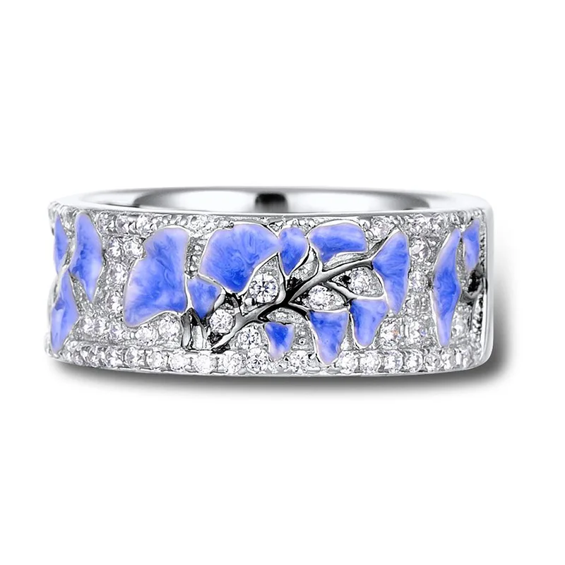 Женское ювелирное изысканное элегантное голубое серебряное кольцо в форме цветка, циркониевые Хрустальные Обручальные Свадебные Кольца для невесты