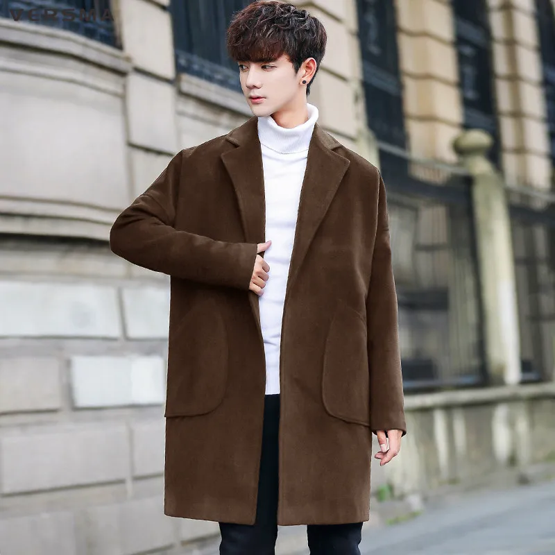 Versma корейский Повседневное Модные свободные BF зеленый шерстяной бушлат Для мужчин зимние Винтаж Стиль Костюмы Для мужчин длинные куртки