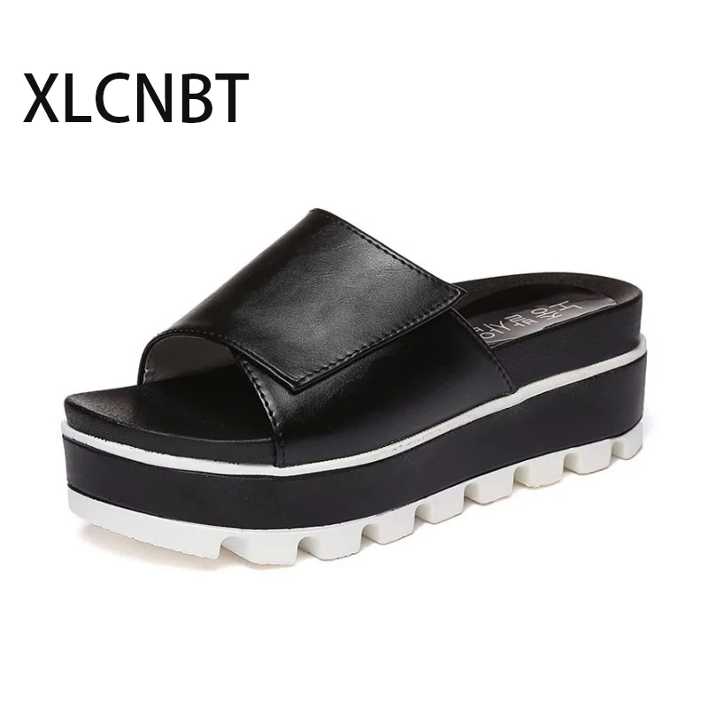 women leather slipper med heel slides flat with females slides platform summer outside slipper beach slipper black white shoes