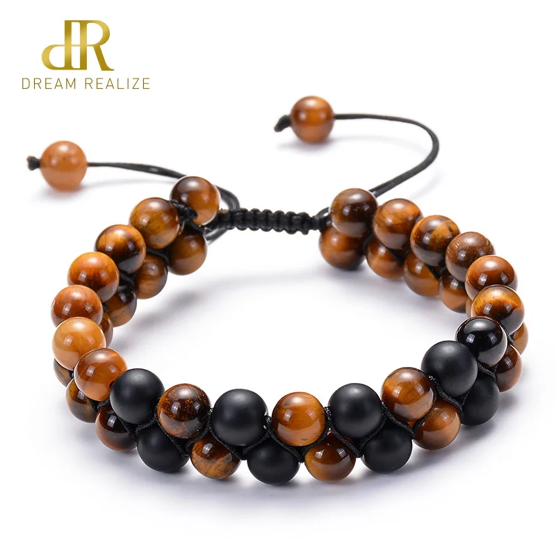 

Mens Black Matte Tiger Eye Double Row Beaded Bracelet Handwoven Braided Double Layer Adjustable 7.5"-11" Natural Stone Bracelets