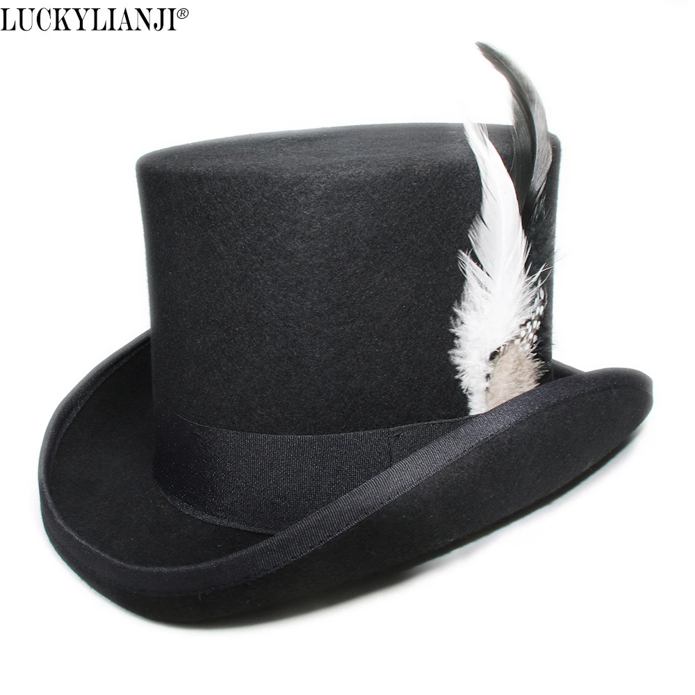 

LUCKYLIANJI 4 Sizes Women's Men's Unisex's High Round Flat Top Feather Wool Felt Magician President Lincoln Gentleman Bowler Hat