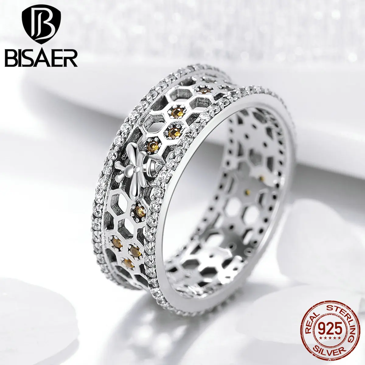 BISAER 925 пробы Серебряное пчелиное кольцо на палец для женщин соты и пчела коктейльное кольцо Свадебные подлинные серебряные ювелирные изделия ECR391