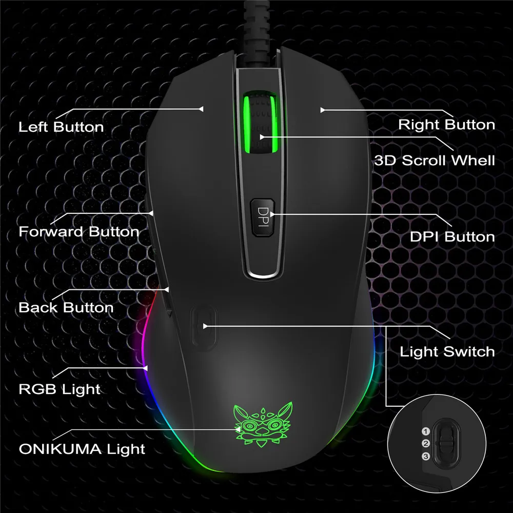 ONIKUMA CW60 8000 DPI Wired Gaming Mouse Mice 6 Buttons Design Breathing LED Colors for Gamer PC MAC (11)