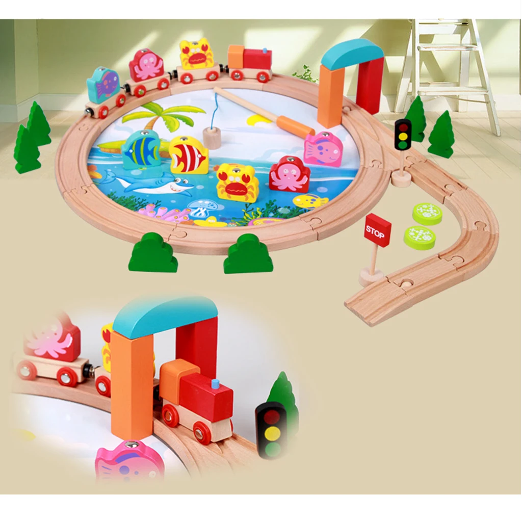 

2-In-1 Educational Toy for Kids Toddler - Wooden Train Fishing Game Playset