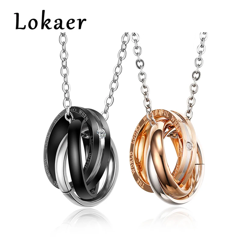 

Lokaer Interlocked Circle Pendant Engraved Words Couple Necklace Women Men Jewelry Stainless Steel Wedding Jewelry Gift N18232