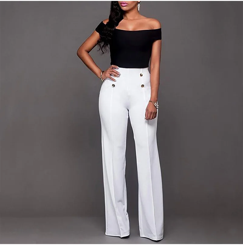 Wide Leg High Waist Women Pants Button Plus Size Flare Casual Pants Office Lady Loose Stretch Palazzo Pants