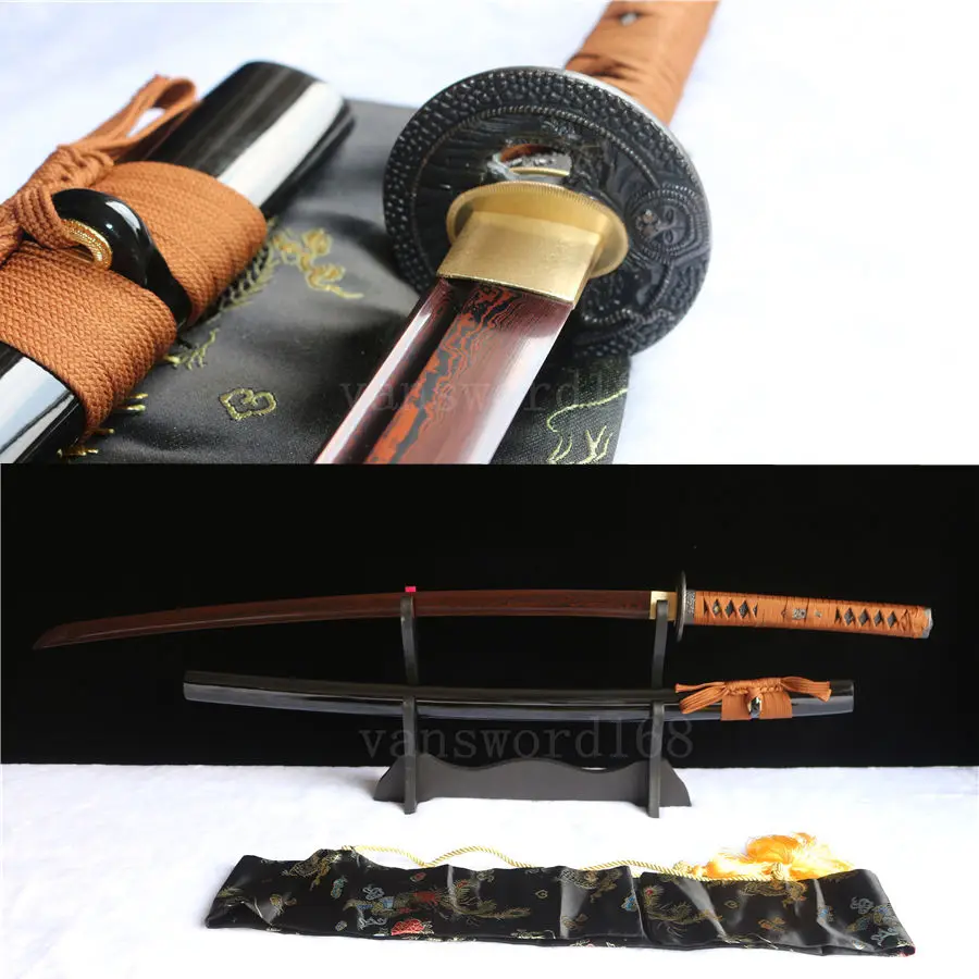 

HANDMADE DAMASCUS RED FOLDED STEEL JAPANESE SAMURAI KATANA REAL SWORD FULL TANG.