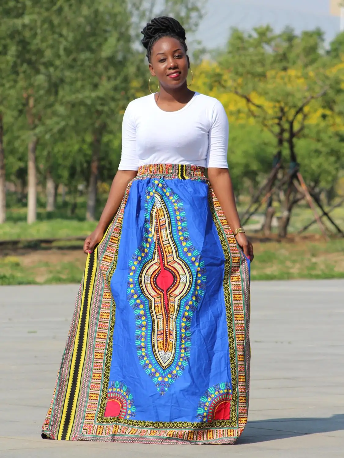 

100% Cotton Tradition Dashiki print high waist long skirt Women holiday beach summer skirt Bohemian loose ladies skirts female