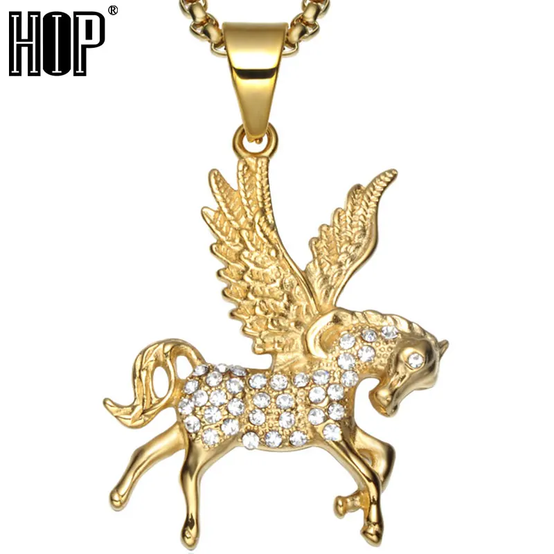 Hip Hop Golden Pegasus Pendant Necklace Gold Color 316l Stainless Steel