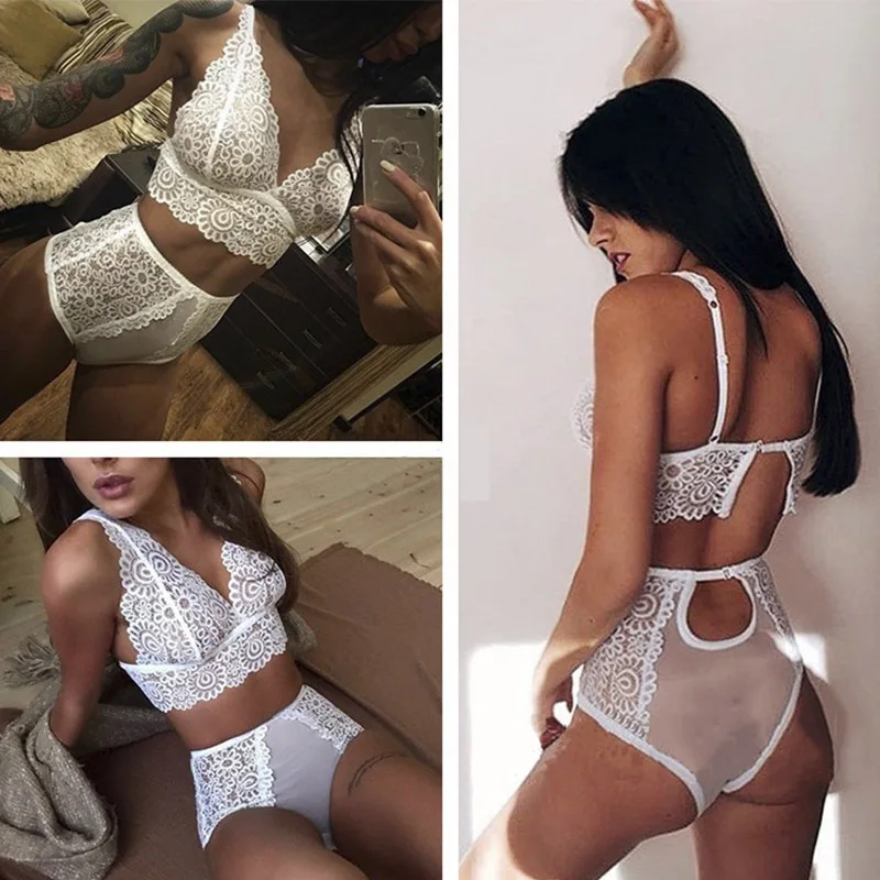 Lace Bra Set Hollow Out Deep V Seamless Bras Panties Set Ultra-thin Elegant Brassiere Transparent Underwear Women Sexy Lingerie