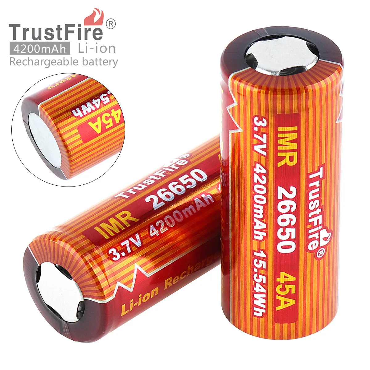 

2pcs TrustFire 3.7V 45A 4200mAh 26650 Li-ion Rechargeable Battery with Safety Relief Valve for LED Flashlight Headlamp