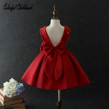 Красное рождественское платье для маленьких девочек с большим бантом; платье с открытой спиной; Детские Вечерние платья на свадьбу; vestido; одежда для детей 2-7 лет