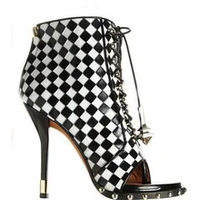 Пикантные Новые Дизайнерские ботильоны на шнуровке из тисненой кожи в клетку обувь на высоких каблуках с открытым носком и шипами модельные туфли-лодочки на высоких каблуках