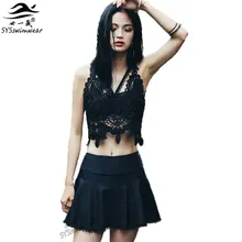 Горячая Новый летний пляж сексуальные женщины бикини 3 шт. купальники с сплошной Цветочный полой халата девочка пуш-ап купальный костюм юбка низ