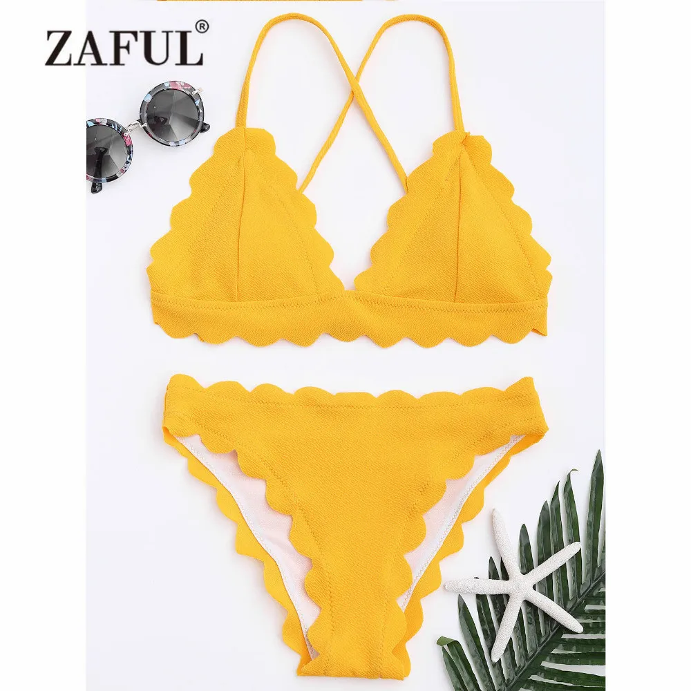 ZAFUL Women New Scalloped Criss-cross Bikini Set Swimwear Women Swimsuit Spaghetti Straps Solid Color Summer Beach Bathing Suit цена ZAFUL Women New Scalloped Criss-cross Bikini Set Swimwear Women Swimsuit Spaghetti Straps Solid Color Summer Beach Bathing Suit цены онлайн