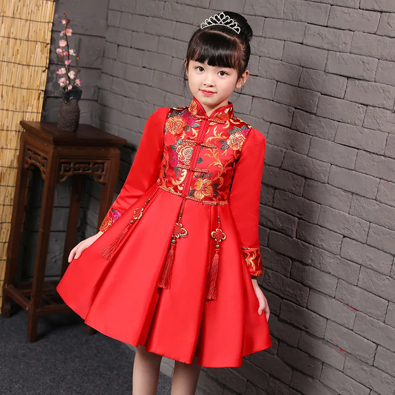 Девушки Осень новое платье с длинными рукавами Детская китайский Стиль Костюмы дети традиционные платье Чонсам одежды