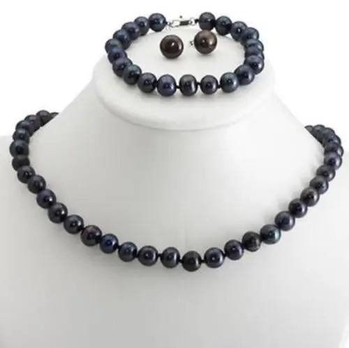 

Hot sale new Style >>>>1set 8-9mm Black Cultured Akoya Pearl Necklace Bangle Earring