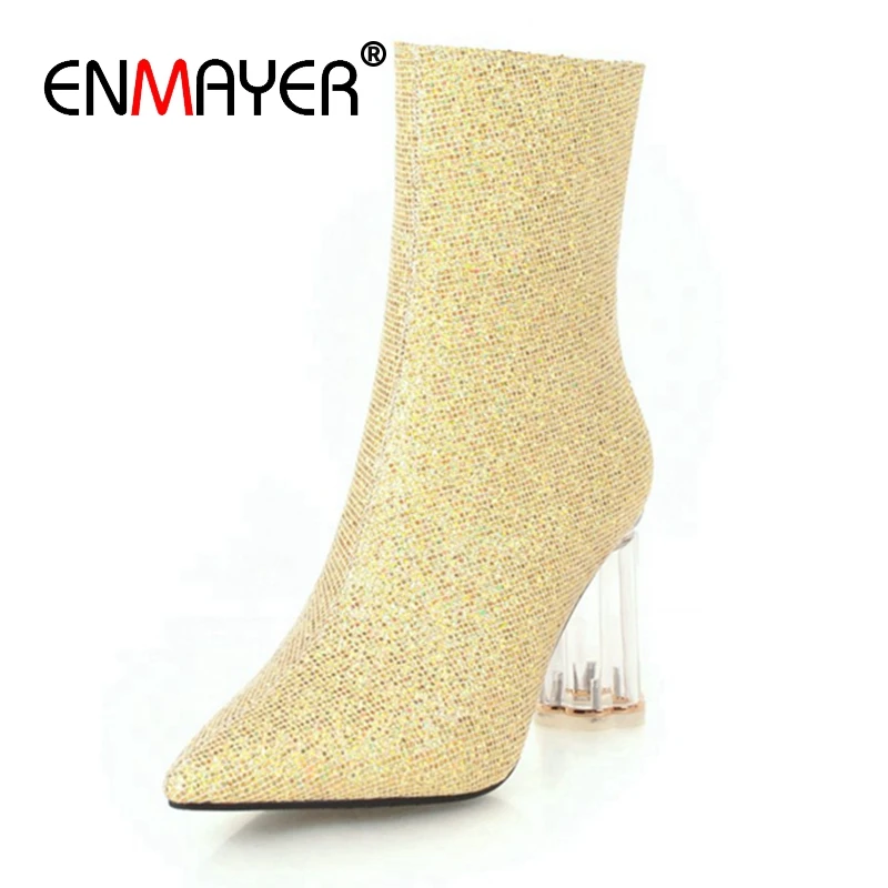 

ENMAYER Women Ankle boots Pointed Toe High heels Short boots Autumn Winter boots footwear shoes Glitter Seqins Zipper CR1189