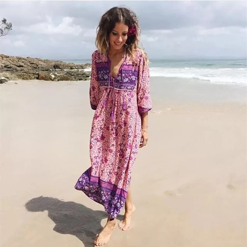2017 Summer Tribe Style V Neck Bohemian Floral Print Long Sleeve Boho Dress Women Gypsy Ethnic Maxi Dresses | Женская одежда