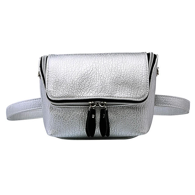 Lady PU Leather Waist Bag Causal Belt Bag Waterproof Shoulder Bag Lichee Pattern Crossbody Bag Silver